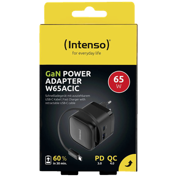 (Intenso) Punjač kučni sa type C kabelom, brzi, 1xUSB-A, 1xUCB-C, 65W - Power Adapter W65ACIC GaN Black