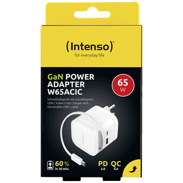 (Intenso) Punjač kučni sa type C kabelom, brzi, 1xUSB-A, 1xUCB-C, 65W - Power Adapter W65ACIC GaN White
