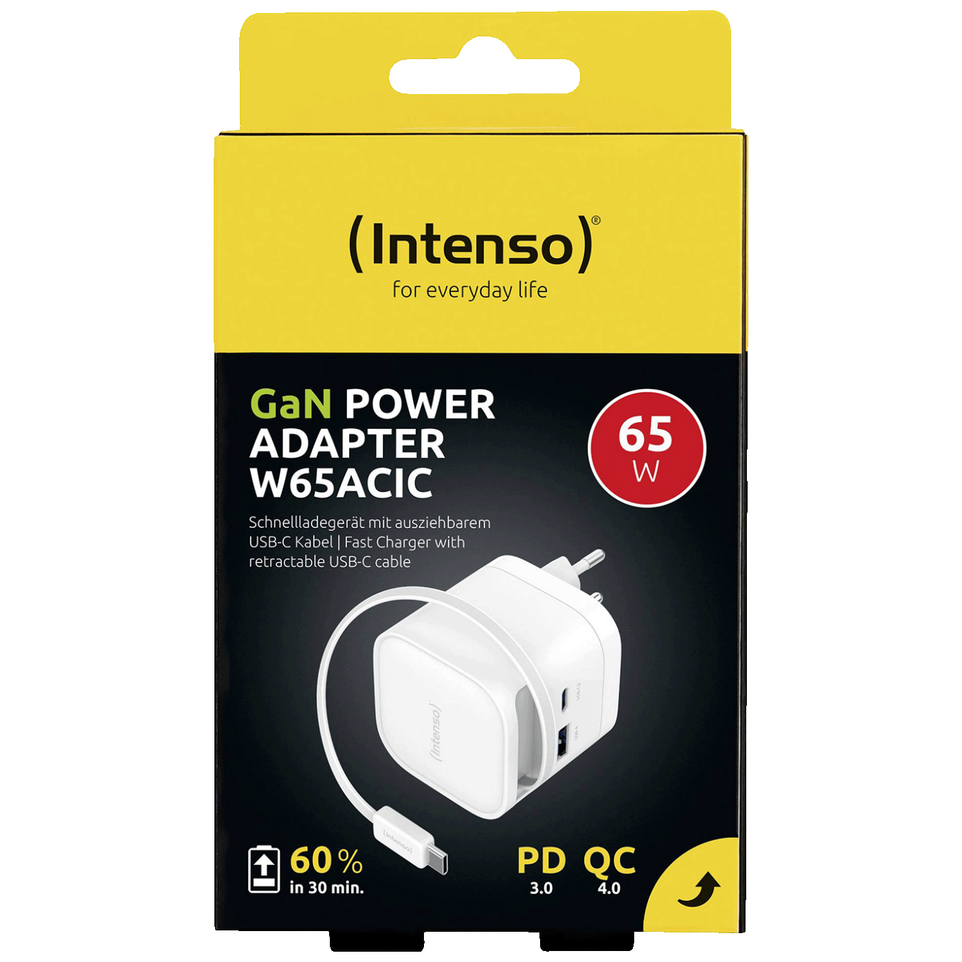 (Intenso) Punjač kučni sa type C kabelom, brzi, 1xUSB-A, 1xUCB-C, 65W - Power Adapter W65ACIC GaN White