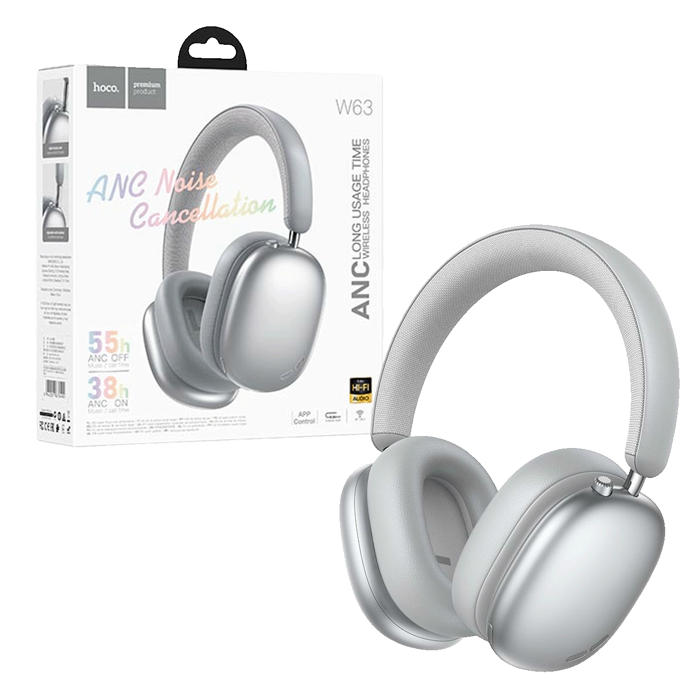 hoco. Bežične slušalice, Bluetooth, ANC - W63 Silver