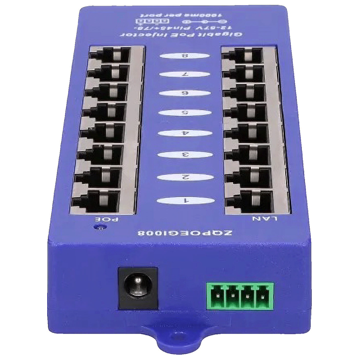 Extralink PoE Injector 8 1000Mb/s RJ45 portova, Mode B, pasivni - 8 Port Gigabit PoE Injector
